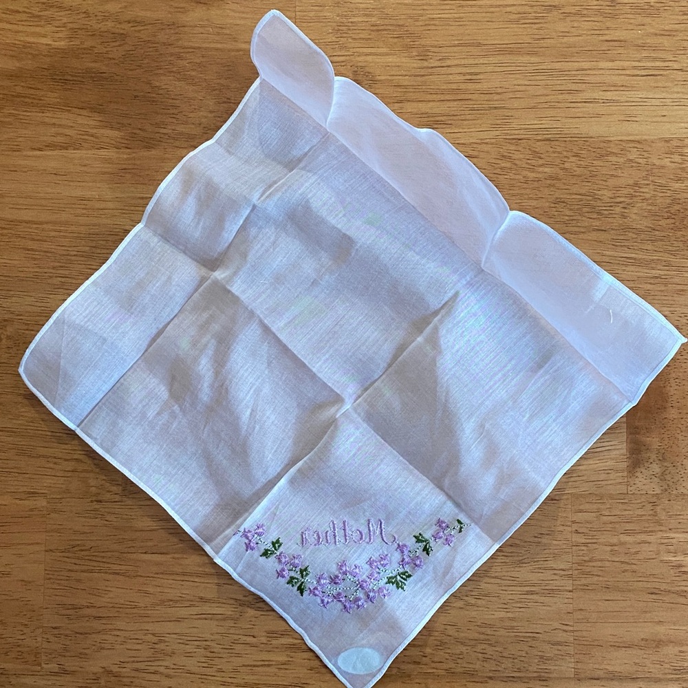 Embroidered White Handkerchief with Purple Floral Design - Picture 3 of 5